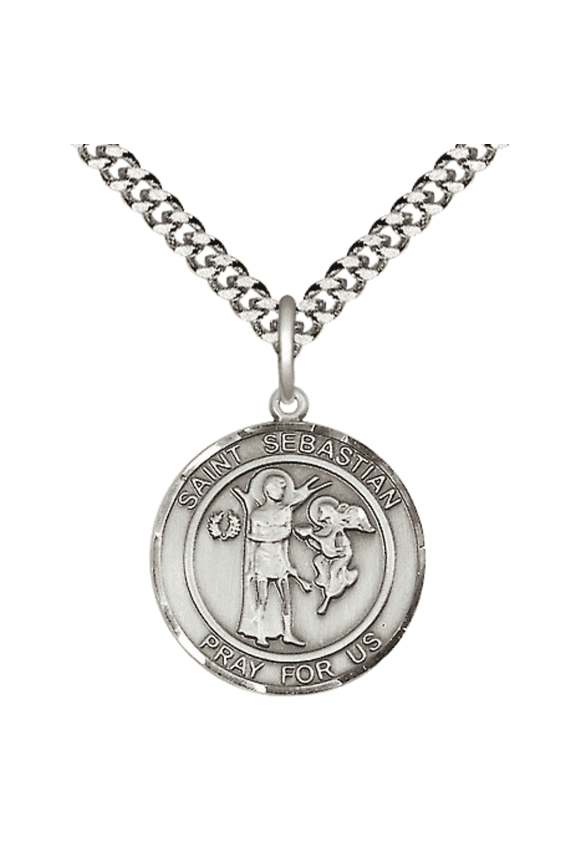 Pewter Scapular Medal Pendant on 24 Inch Endless Rhodium Plated Heavy Curb Brass Chain, Catholic Religious Necklace -Made in USA- Deluxe Velvet Gift Box
