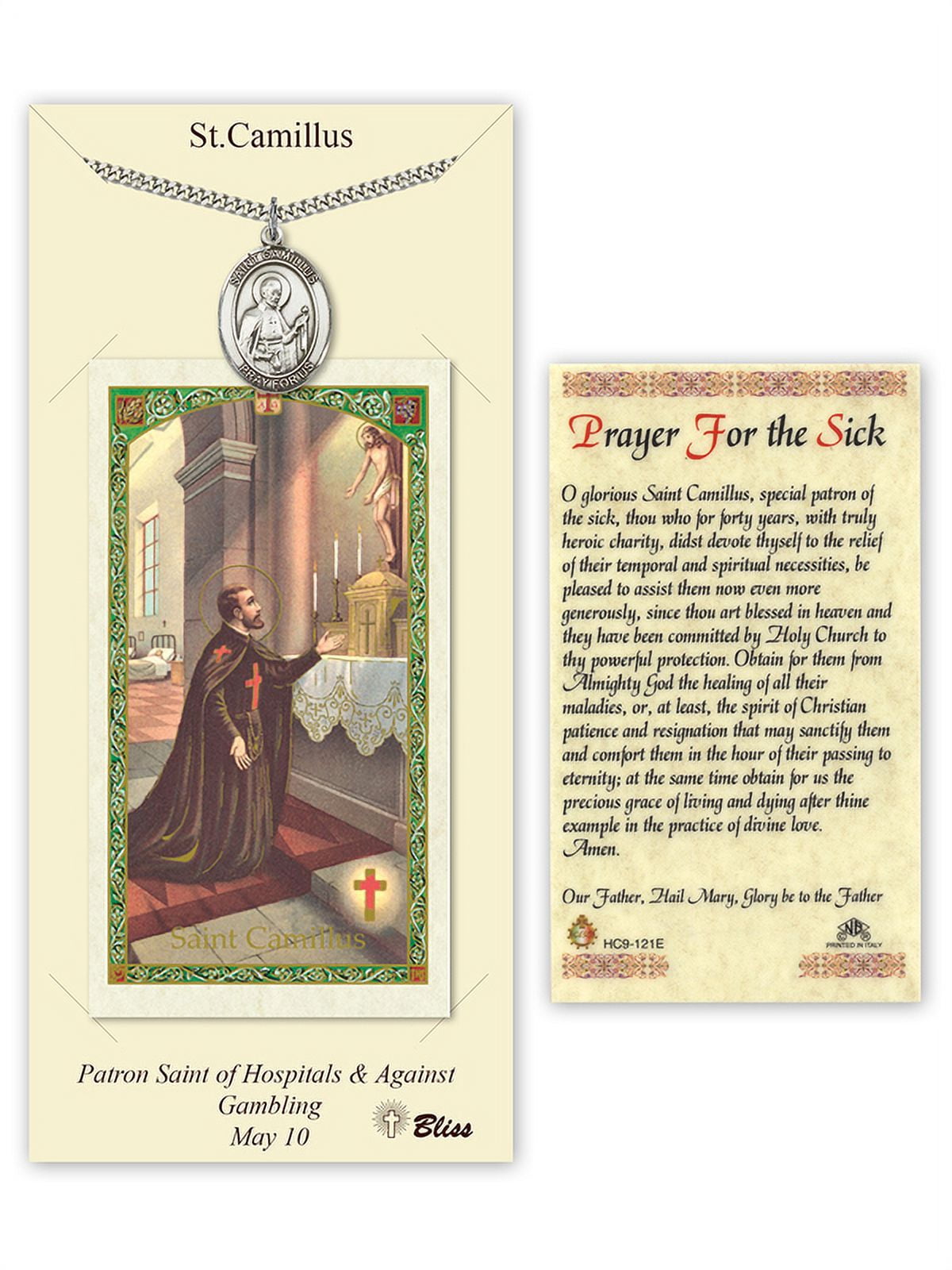 Pewter St. Camillus of Lellis on a 24 inch Curb Chain with a Prayer to