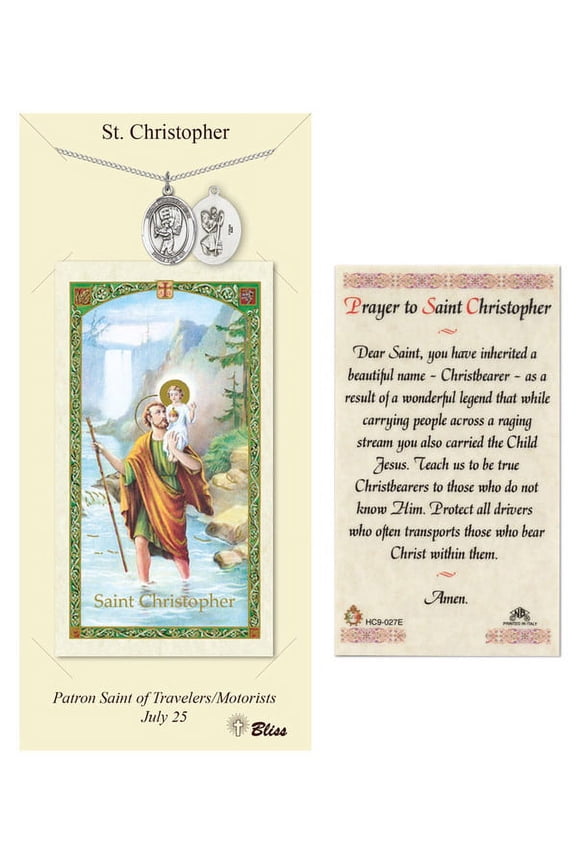 Pewter St. Christopher/Baseball medal on an 18 inch Lite Curb Chain with a Prayer to St Cristopher Prayer Card.