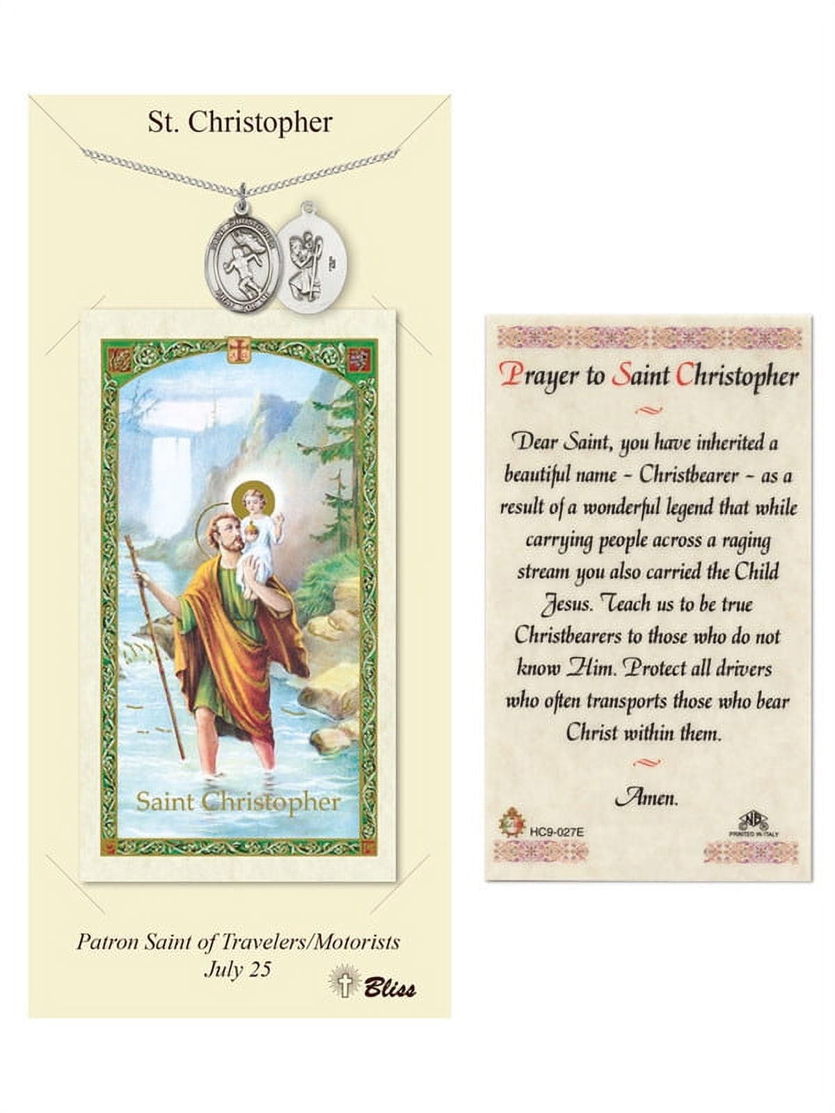 Pewter St. Christopher/Track&Field medal on an 18 inch Lite Curb Chain with a Prayer to St Cristopher Prayer Card.