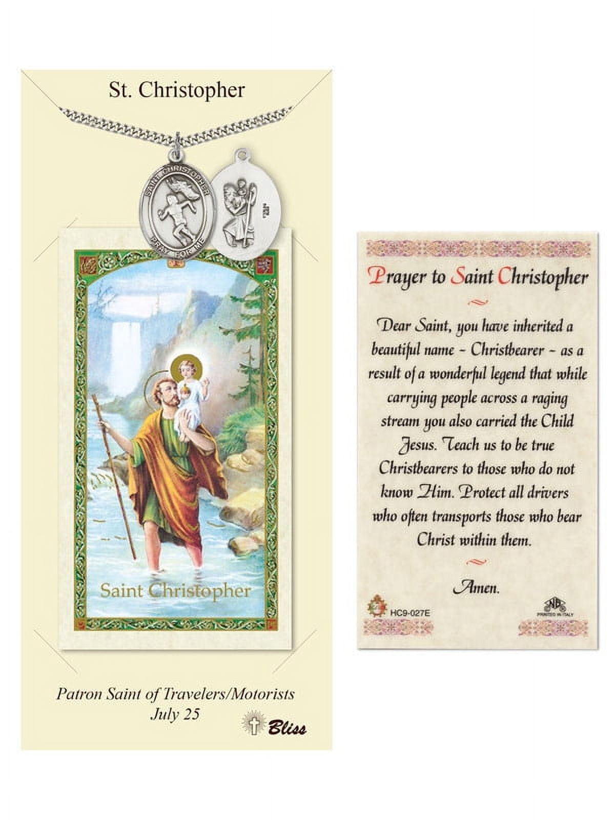 Pewter St. Christopher/Track&Field medal on an 24 inch Heavy Curb Chain with a Prayer to St Cristopher Prayer Card.