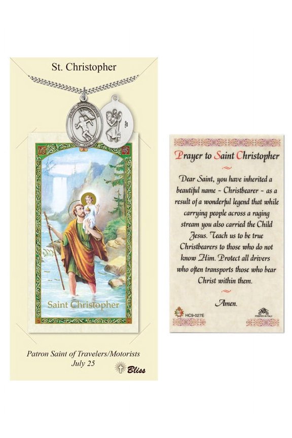 Pewter St. Christopher/Track&Field medal on an 24 inch Heavy Curb Chain with a Prayer to St Cristopher Prayer Card.