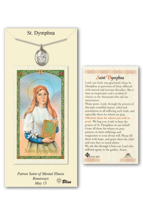 Pewter St. Dymphna medal on an 18 inch Lite Curb Chain with a Prayer to St Dymphna Prayer Card.