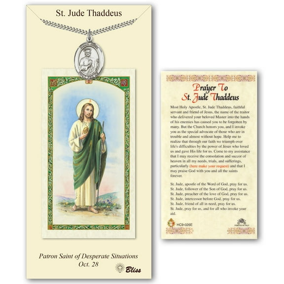 Pewter St. Jude Thaddeus medal on an 24 inch Heavy Curb Chain with a Prayer to St Jude Thaddeus Prayer Card.