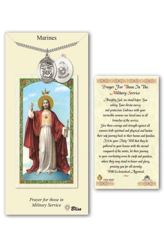 Pewter St. Michael / Marines medal on an 24 inch Heavy Curb Chain w/ a Prayer For Those in the Military Service Prayer Card.