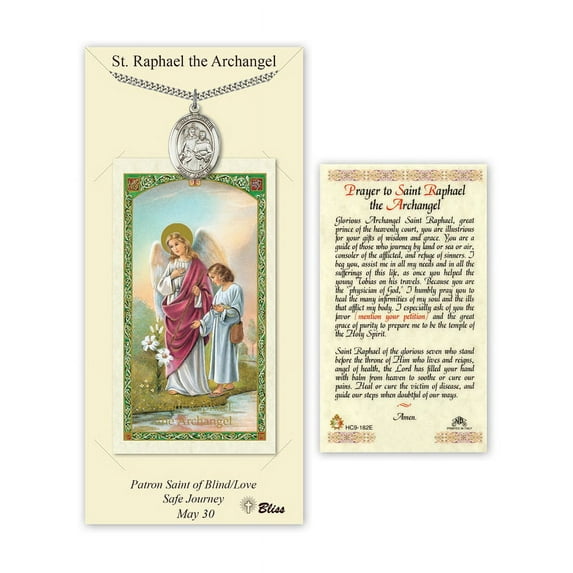 Pewter St. Raphael the Archangel on a 24 inch Curb Chain with a Prayer to St Anthony Prayer Card