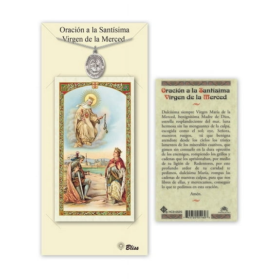 Pewter Virgen de la Merced on a 18 inch Curb Chain with a Prayer to Virgen de la Merced Prayer Card