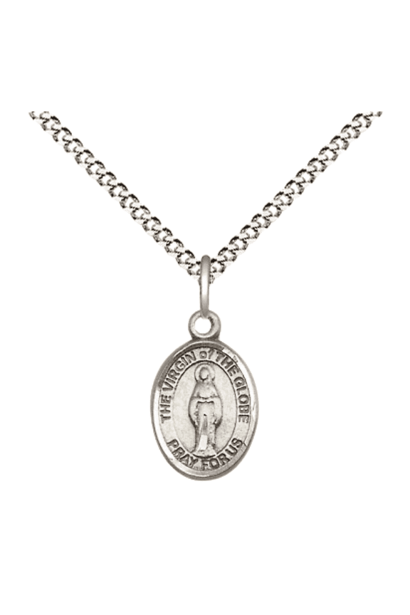 Small Pewter Virgin of the Globe Medal Pendant on 18 Inch Rhodium Plated Lite Curb Brass Chain with Lobster Claw Clasp, Catholic Religious Necklace - Made in USA- Velvet Gift Box