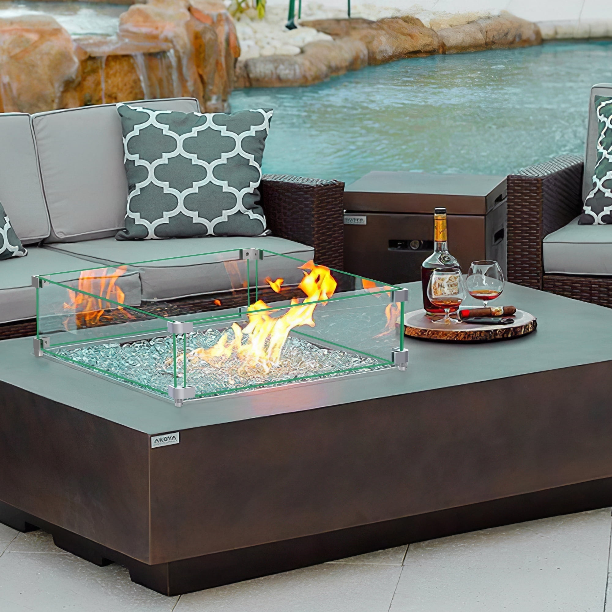 POSHIONS Fire Pit Wind Guard, 20x20x6 in Glass Flame Guard, Oblong