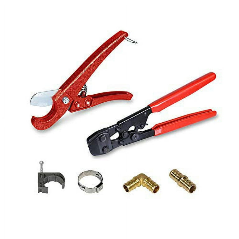 PEX Plumbing Kit - Crimper, Cutter Tool with Lock Hook, 1/2 in. Elbow Cinch and Half Clamp PEX Plumbing Kit - Crimper, Cutter Tool with Lock Hook, 1/2 in. Elbow Cinch and Half Clamp