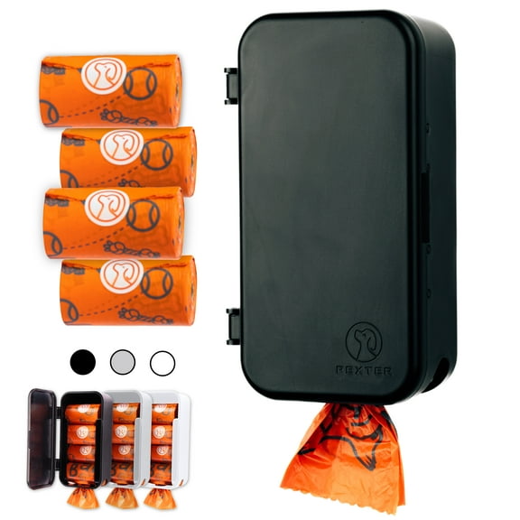 Pexter Dog Poop Bag Wall Mounted Dispenser | Outdoor or Indoor Waste Bags Holder | Stick-On or Screw-On Mount | Includes 4 Doggie Bag Rolls - Black