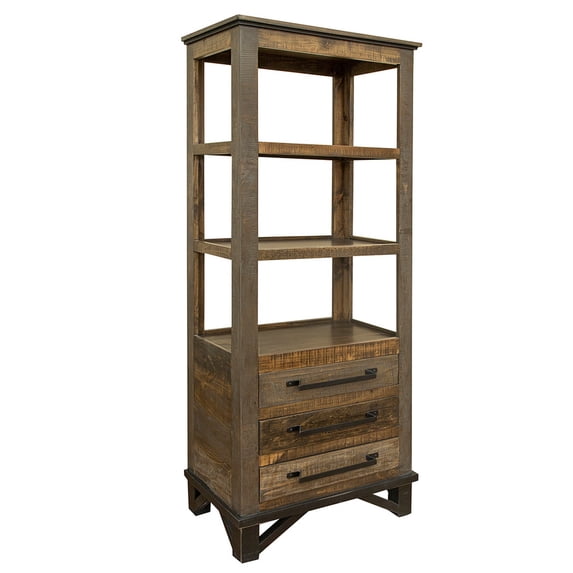 Peya 72 Inch Pier Bookcase, 3 Drawers, 2 Shelves, Gray and Brown Pine Wood