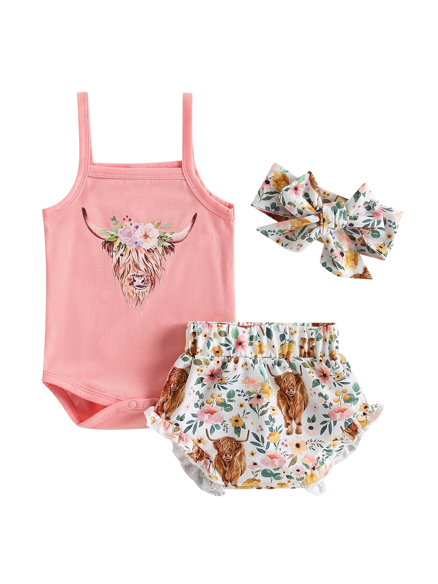 Peyakidsaa Baby Girls Shorts Set, Antlers/Cow Print Romper + Shorts