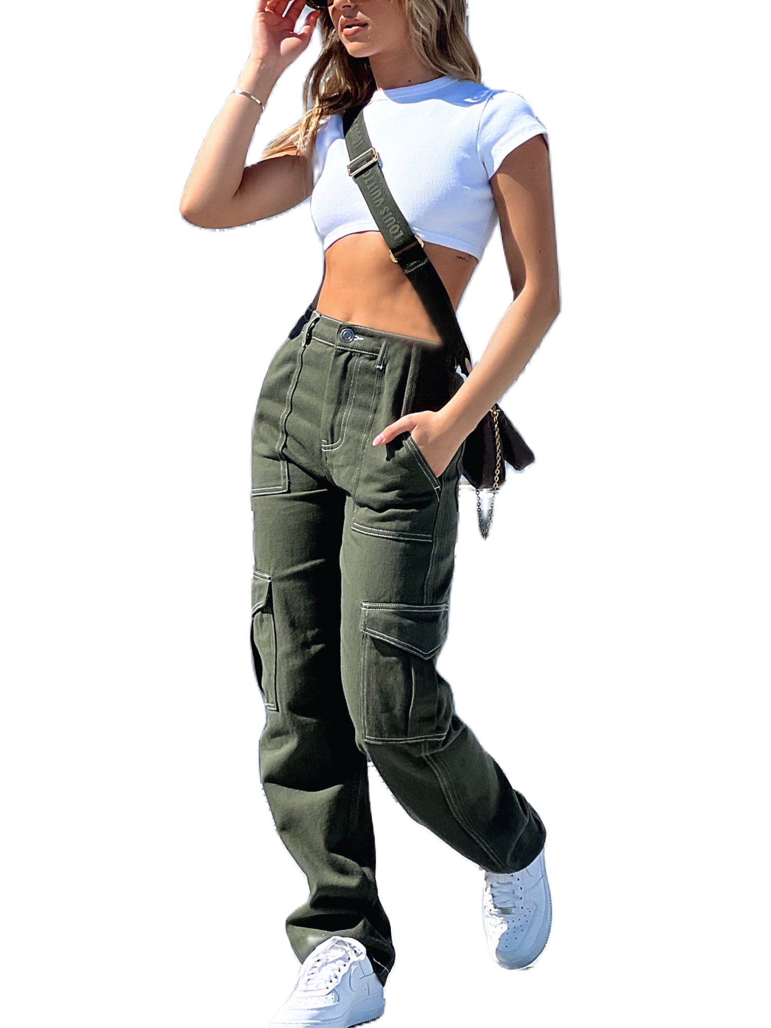 Peyakidsaa High Waist Cargo Pants for Women Straight Leg Cargo Trousers  with Pockets