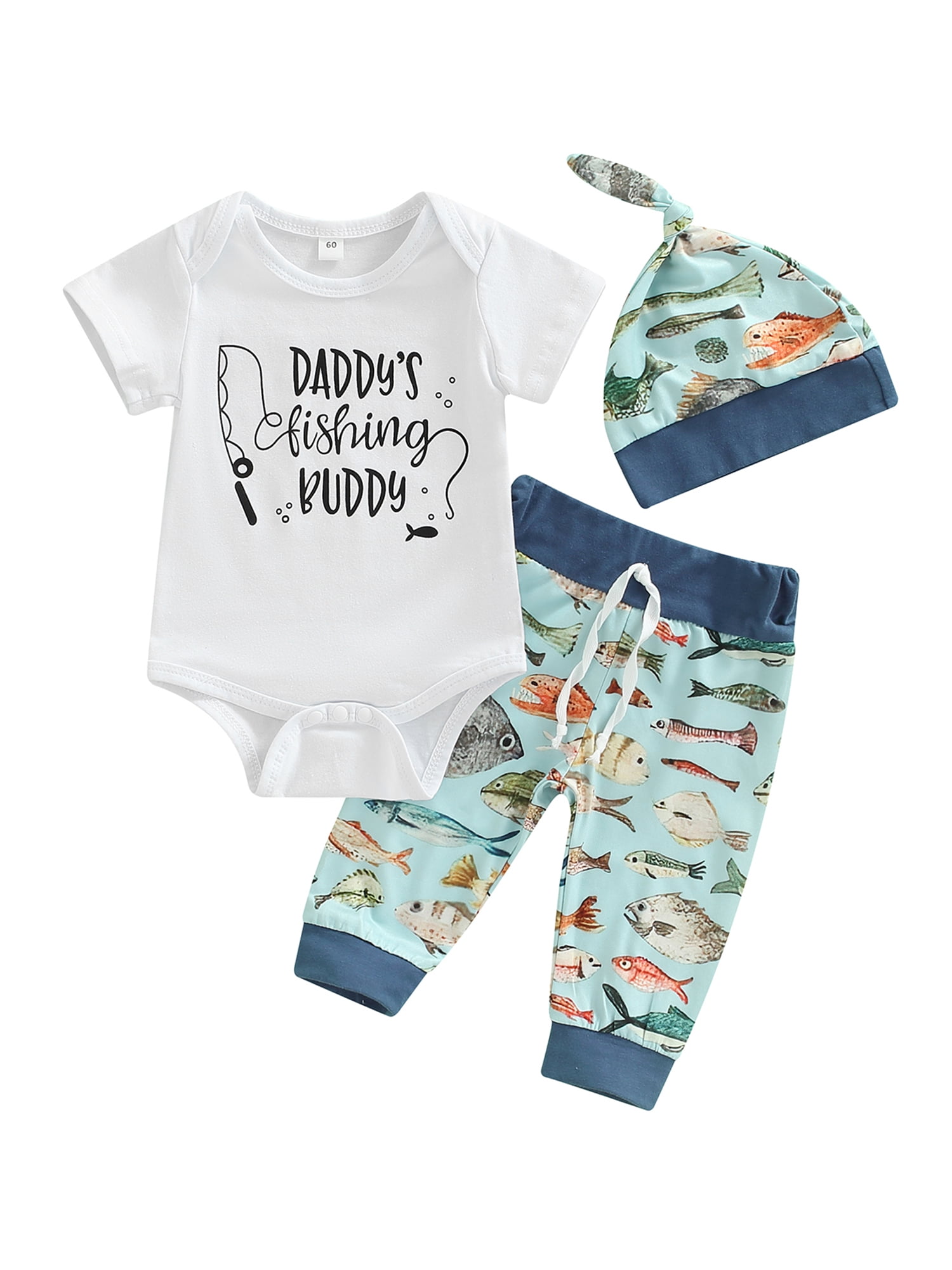 Peyakidsaa Infant Baby Boy Daddy's Fishing Buddy Romper Bodysuit and Fish  Pants Outfit Set 