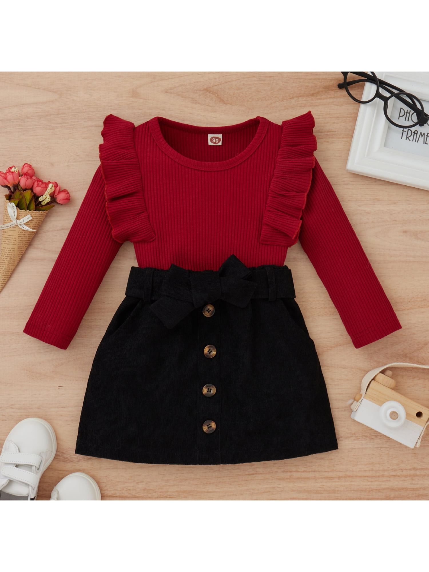 Peyakidsaa Toddler Baby Kids Girl Skirt Outfit Long Sleeve Ruffle Shirt