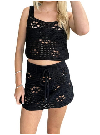 Licupiee Women Crochet Knitted Skirts Set Hollow Out Swimsuit Sexy Slim  Crop Top Bodycon Mini Skirt 2Pcs Outfits 