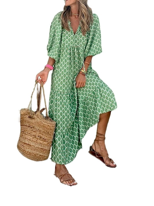 Casual Vacation Geometric Print Ruffle V Neck Printed Dresses Casual Vacation Geometric Print Ruffle V Neck Printed Dresses