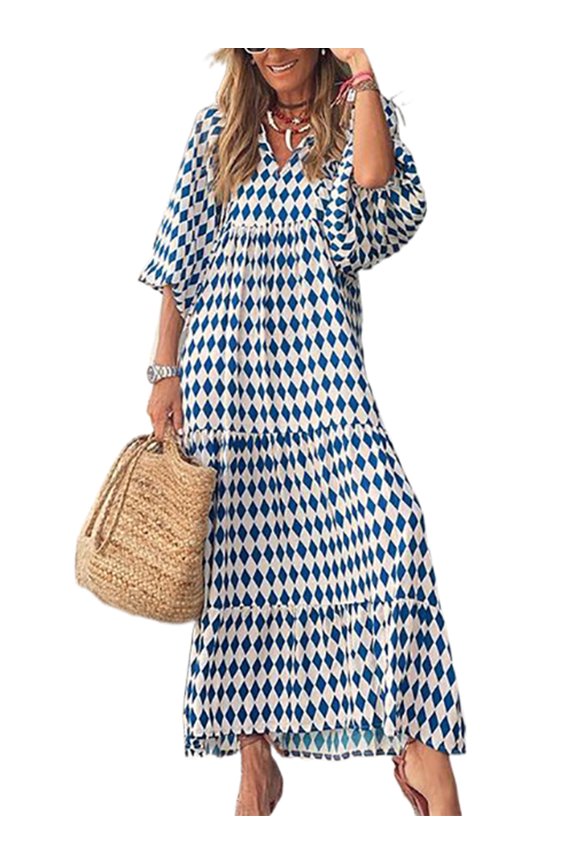 DLLMJING Geometric Printed Bubble Sleeved Dress Street Oversized Women's Clothing