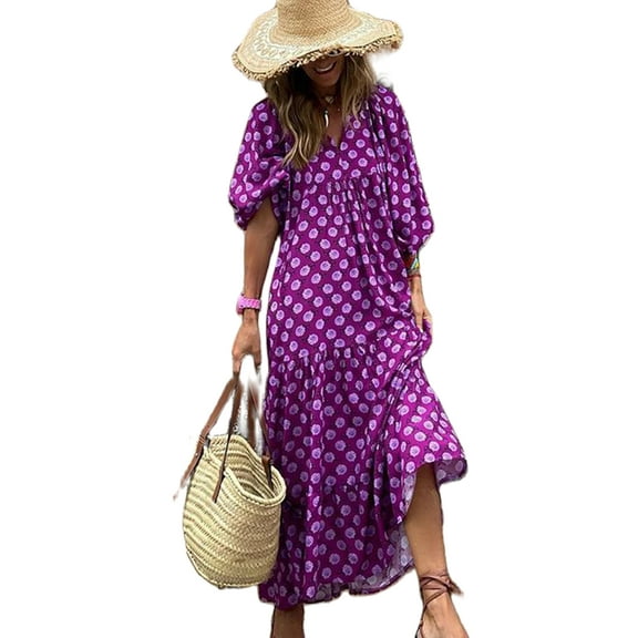 Peyakidsaa Women Boho Floral Puff Sleeve Tiered Maxi Dress Casual Layered Loose Vacation Beach Long Dress