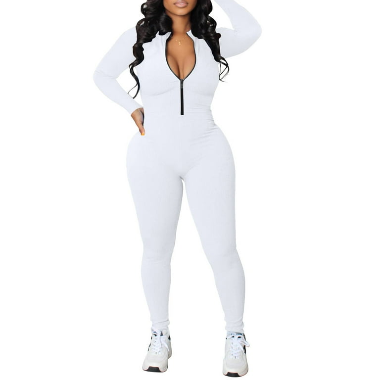 Peyakidsaa Women One Piece Bodycon Jumpsuit Solid Color Zipper
