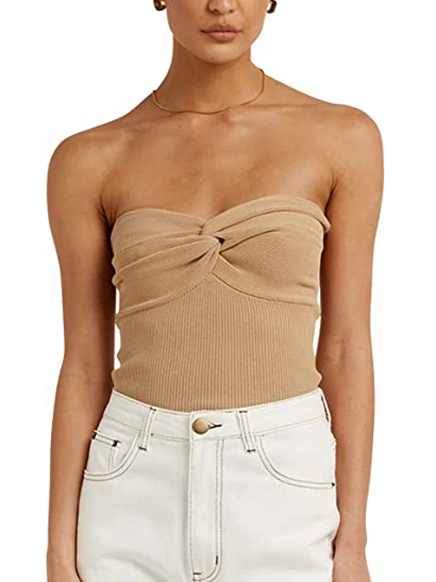 Peyakidsaa Women Twist Front Knitted Tube Top Strapless Solid Ruched  Rib-Knit Crop Top