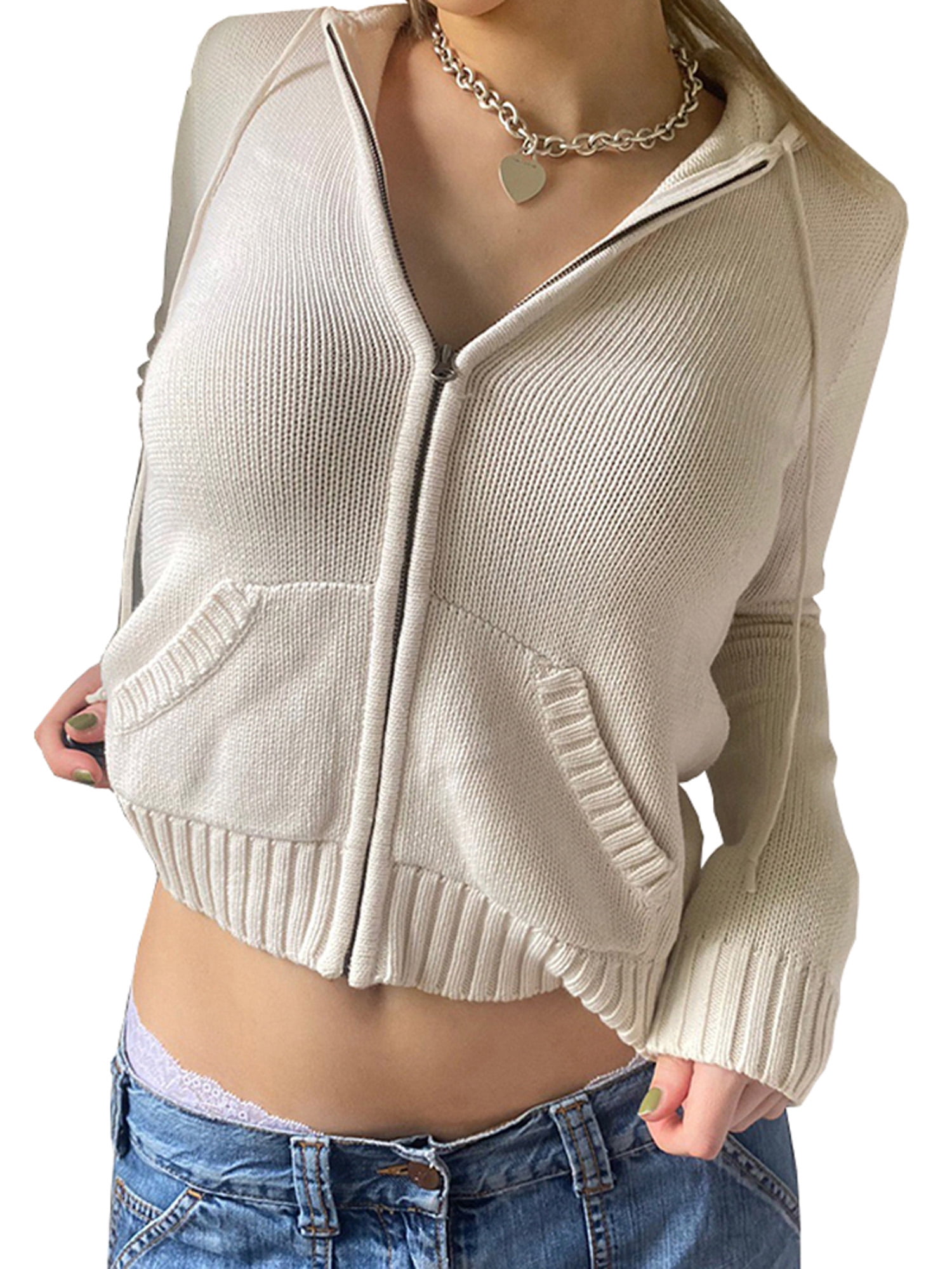Cropped Waffle Knit Zip-Up Hoodie with Drawstring