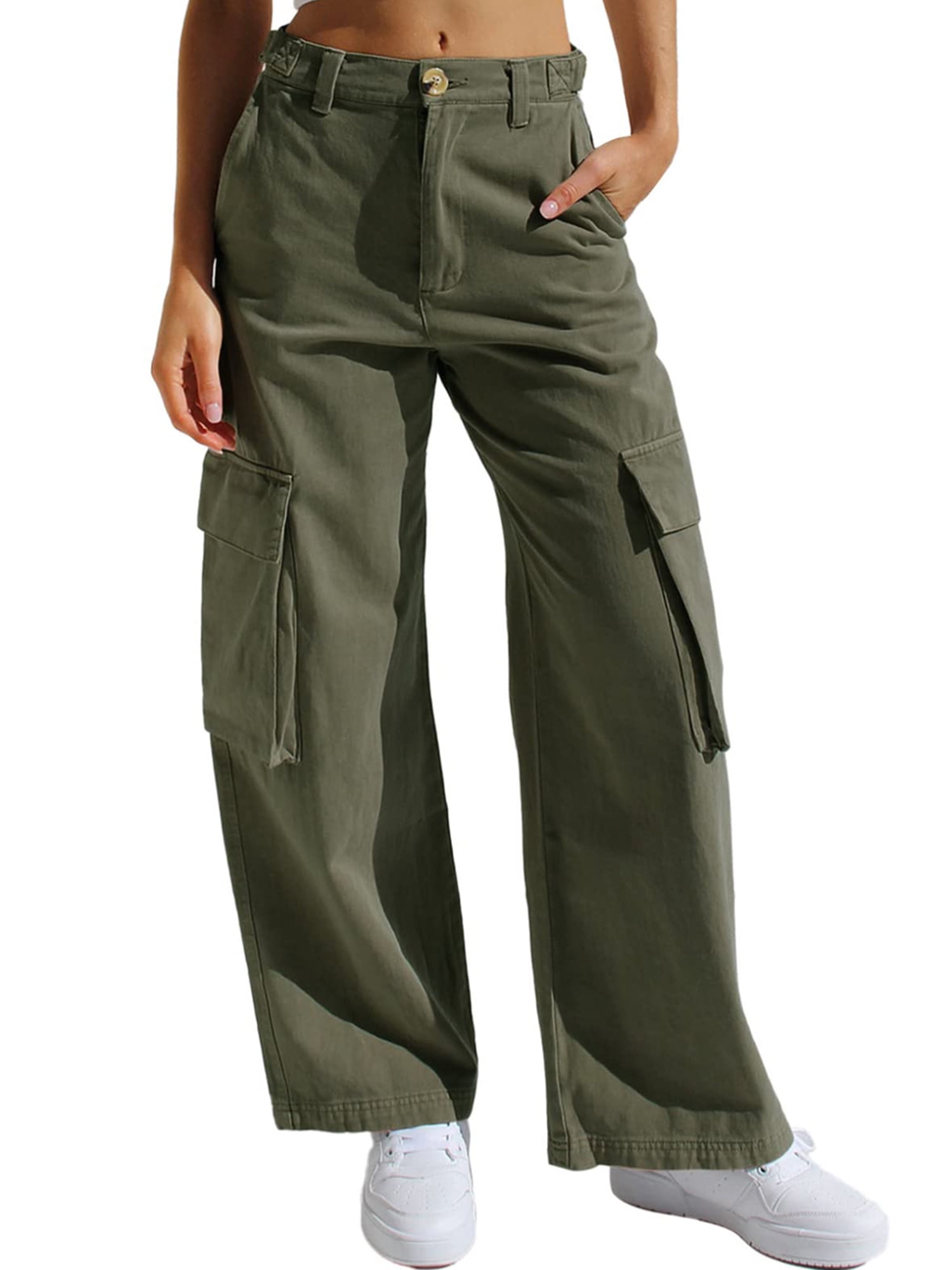 Peyakidsaa Women's Casual Cargo Trousers Solid Wide Leg Joggers Pockets  Cargo Pants