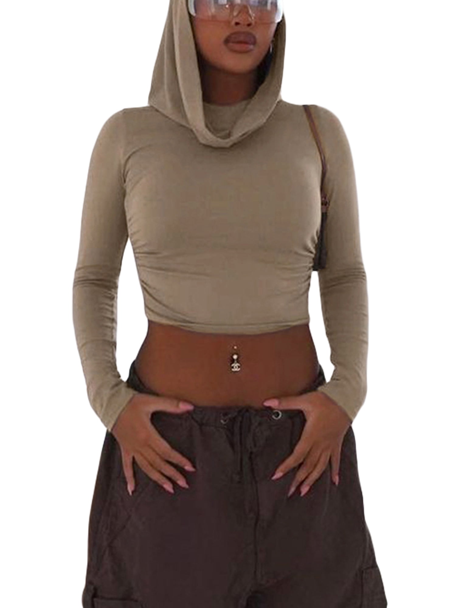 Peyakidsaa Women's Hooded Crop Tops Long Sleeve Hoodie Cowl Peyakidsaa Women's Hooded Crop Tops Long Sleeve Hoodie Cowl