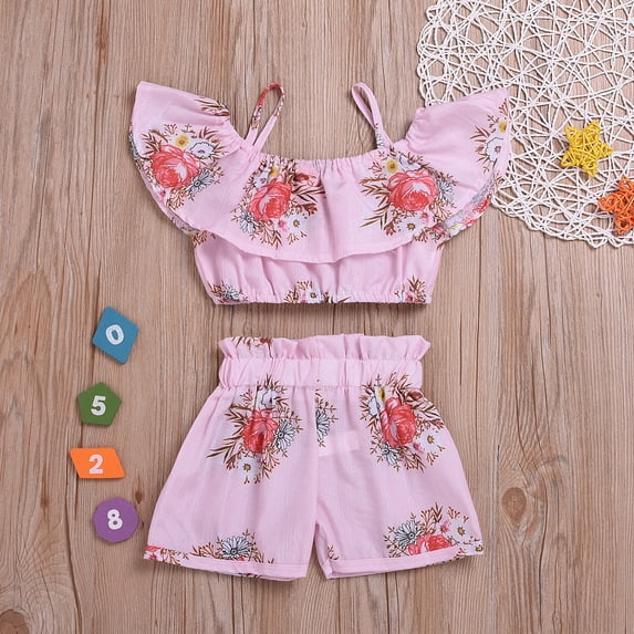 Peyan Toddler Kids Baby Girl Floral Halter Ruffled Outfits Clothes Tops+Shorts 2PCS Set 1-6T