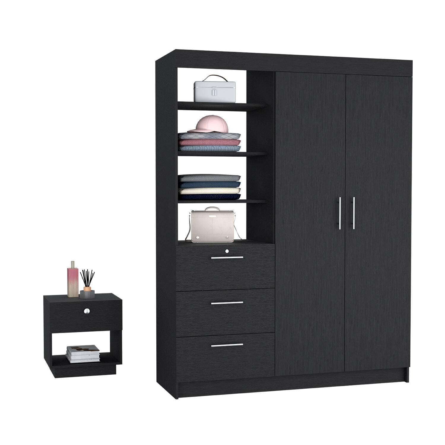 Peyton 2 Piece Bedroom Set, Armoire Nightstand, Black Black Particle Board Engineered Wood ...