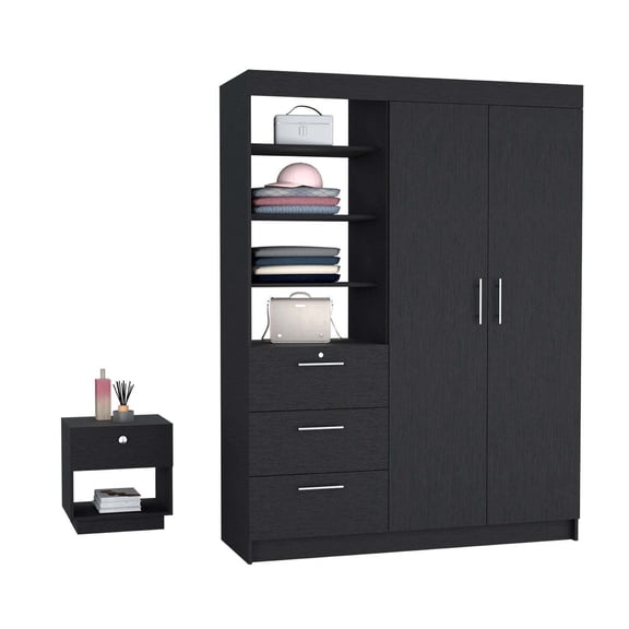 Peyton 2 Piece Bedroom Set, Rumanu Armoire & Viliigili Nightstand, Black
