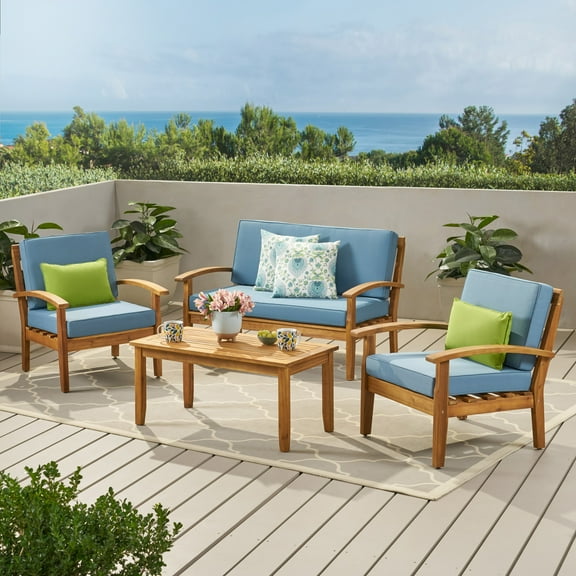 Preston 4 Piece Outdoor Wooden Chat Set with Cushions, Blue