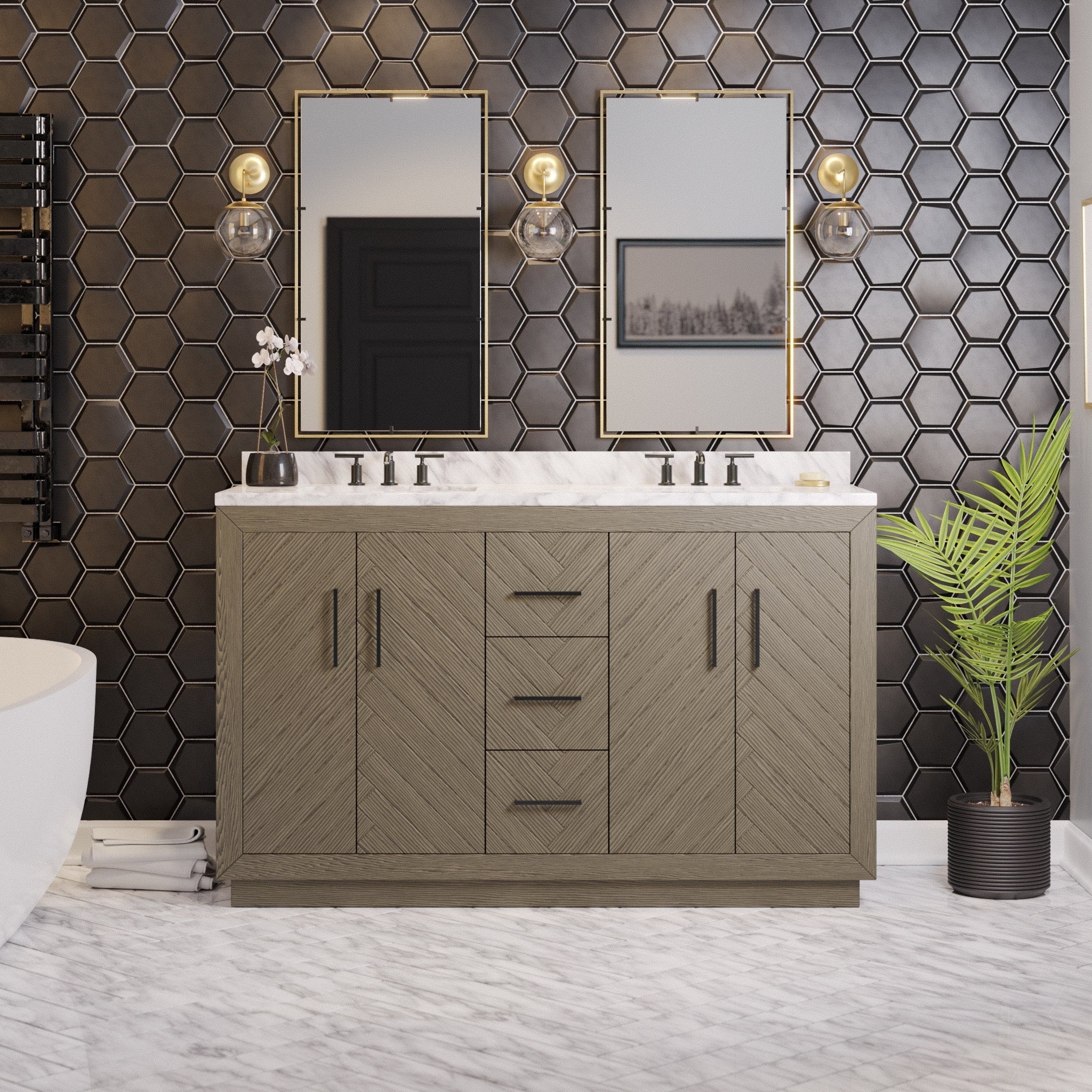 Peyton 60" Gray Oak Double Bathroom Vanity with Marble Top