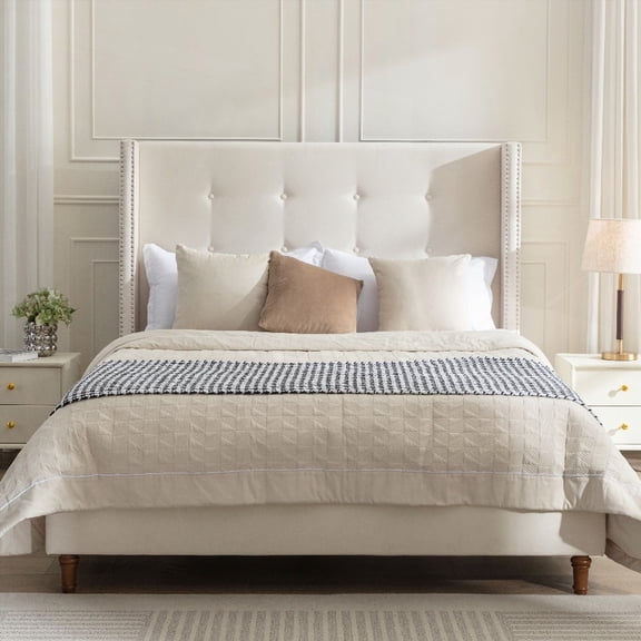 Peyton Upholstered King Bed, 54" High Headboard, Ivory Velvet with Beautiful Solid Wood Feet in Walnut Effect and Easy Assembly