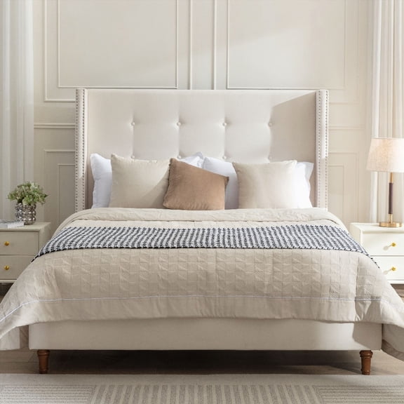 Peyton Upholstered Queen Bed | 54" Headboard | Hand Buttoned Tufting | Easy Assembly - Ivory Velvet