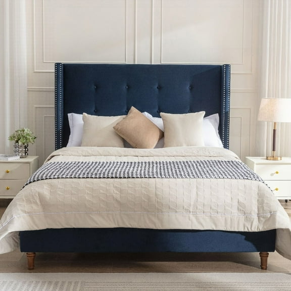 Peyton Upholstered Queen Bed - 54" Headboard Height for a Focal Point - Having Traditional Hand Buttoned Tufting & Nailhead Trim Wingback - No Box Spring Needed - Easy to Put Together - Blue Velvet