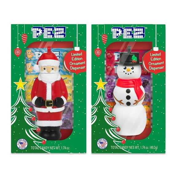 Pez Santa and Snowman Ornament Gift Box Pack of 2