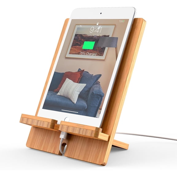 Pezin & Hulin Bamboo Tablet Stand Adjustable, Desktop Cell Phone Stand Holder Dock Compatible with Pad Air/Pro/Mini, E-Reader, Smartphone (Support to 4.7-13" Devices)-Bamboo