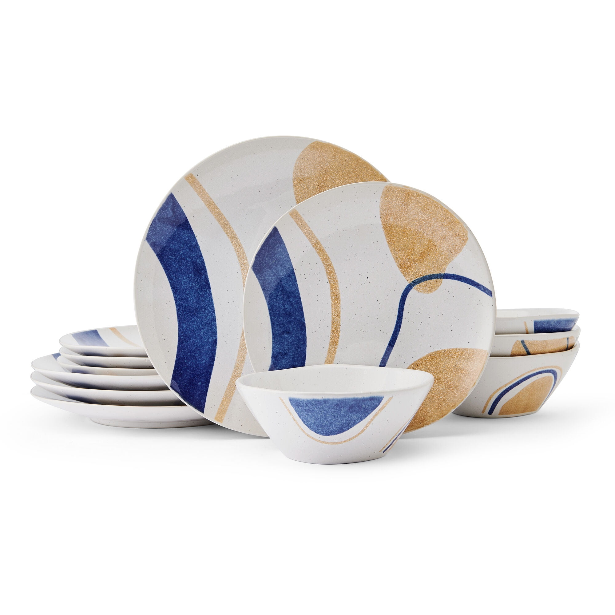 Artful Circles Blue and Beige Stoneware Dinnerware Set, Service for 4