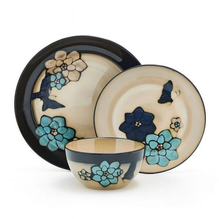 Pfaltzgraff Painted Butterfly Blue 12 Piece Stoneware Dinnerware Set Tan