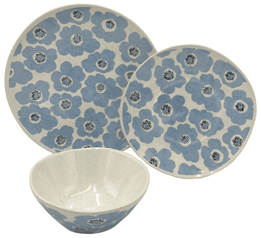 Radiant Floral Blue and Off-White Ceramic Dinnerware Set, Service for 4