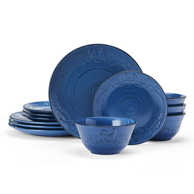 Pfaltzgraff Trellis 12 Piece Stoneware Dinnerware Set Rooster Blue