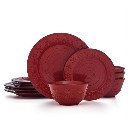 Pfaltzgraff Trellis Snowflakes 12 Piece Stoneware Dinnerware Set Red