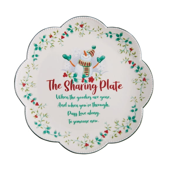 Pfaltzgraff Winterberry 10.25 in Scallp Sharing Plate, White with Green and Red Accents