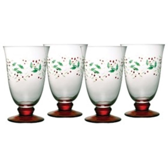 Pfaltzgraff Winterberry 14 oz Glass Water Goblets Clear with Green & Red Accents