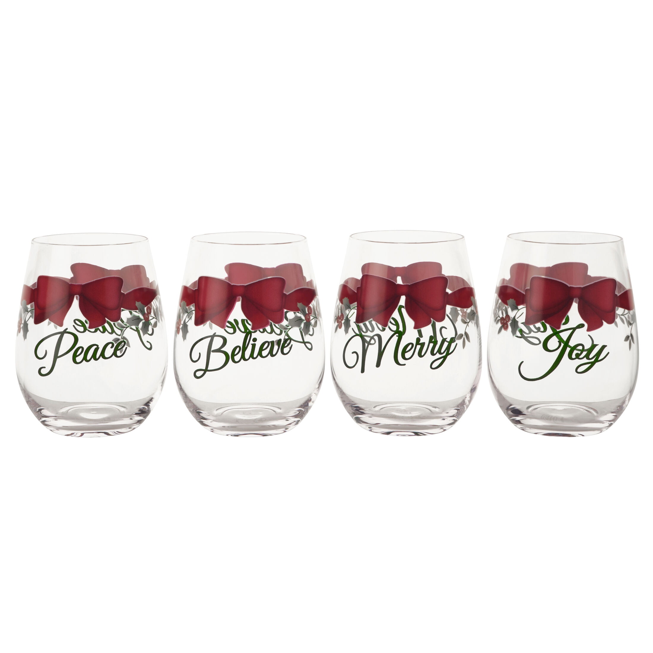 Pfaltzgraff Winterberry 19.3 oz Stemless Wine Red Ribbon Set of 4