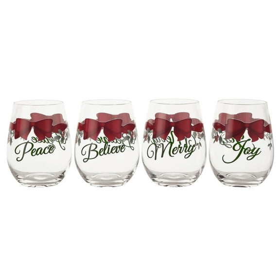 Pfaltzgraff Winterberry 19.3 oz Stemless Wine Red Ribbon Set of 4