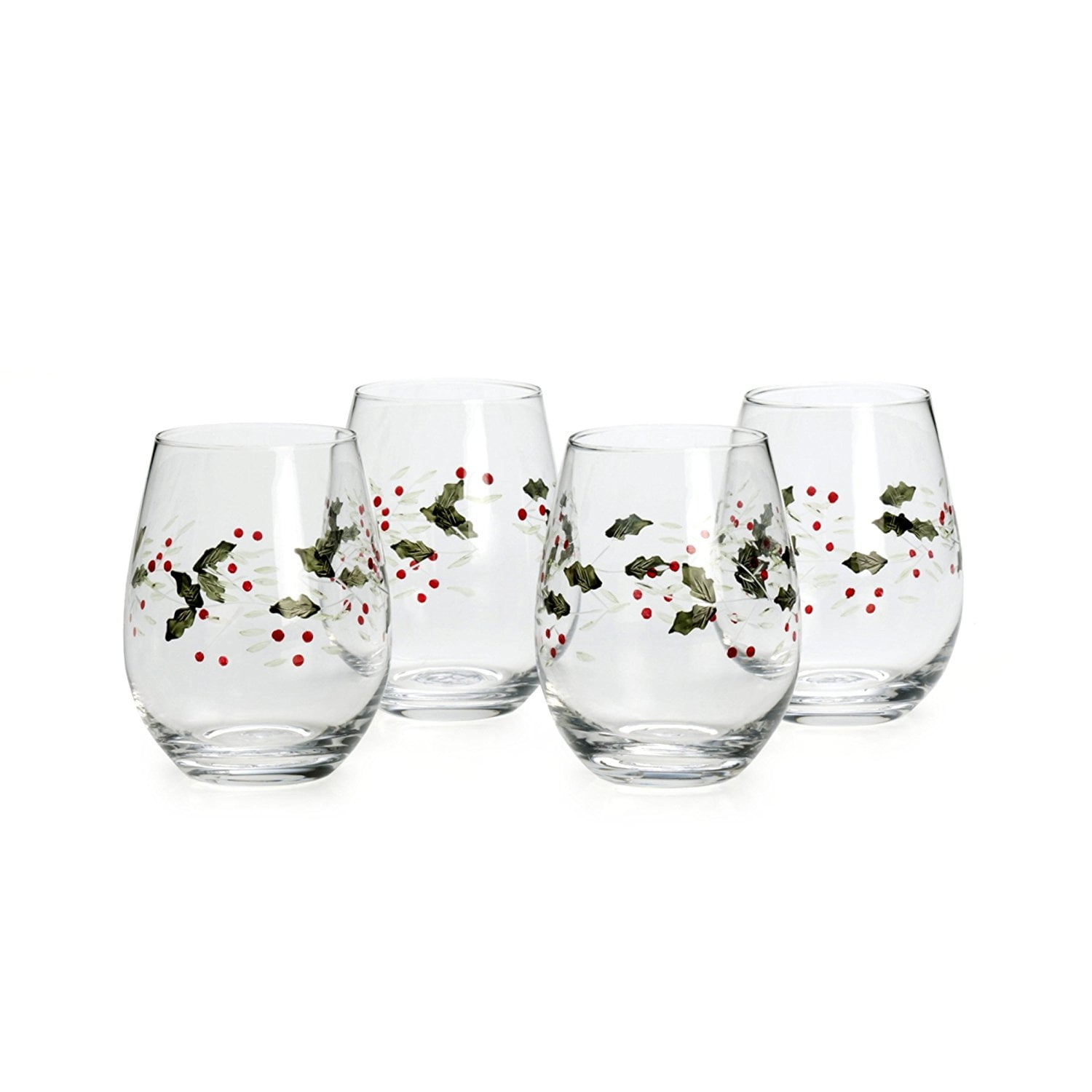 Winterberry Patterned Stemless Christmas Wine Glasses Set of 4