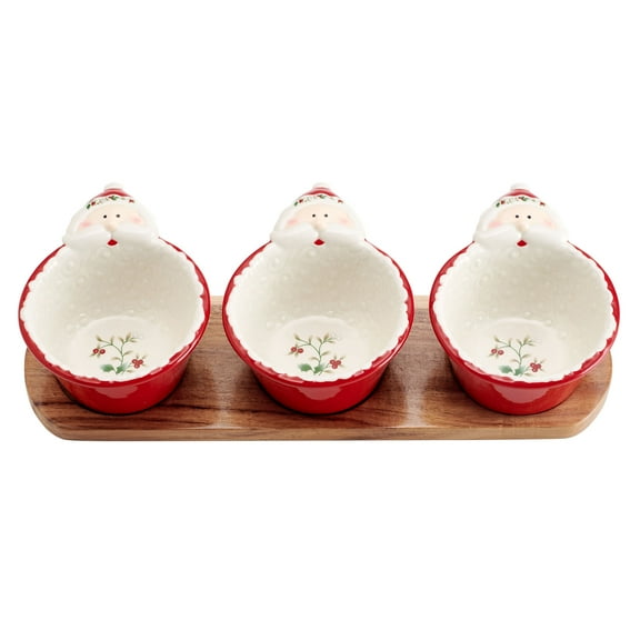 Pfaltzgraff Winterberry 3 Santa Dip Bowls with Wood Base